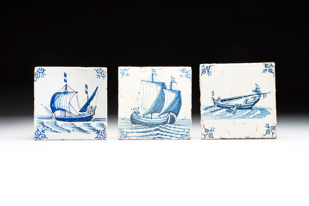 Three blue and white Dutch Delft 'ship' tiles, 17th C.