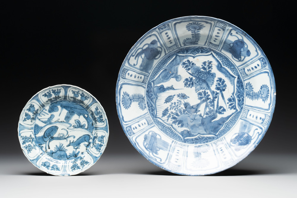 A Chinese blue and white 'kraak' dish and a plate with deer and birds, Wanli