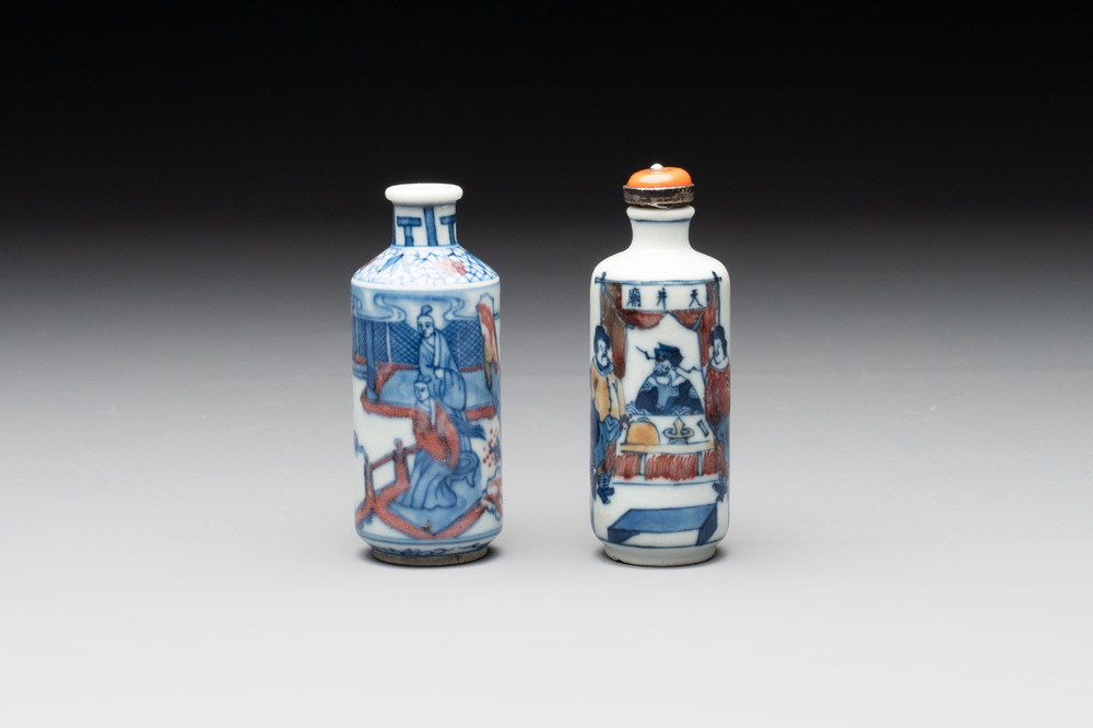 Two Chinese blue, white and copper-red snuff bottles, Yongzheng marks, 19th C.