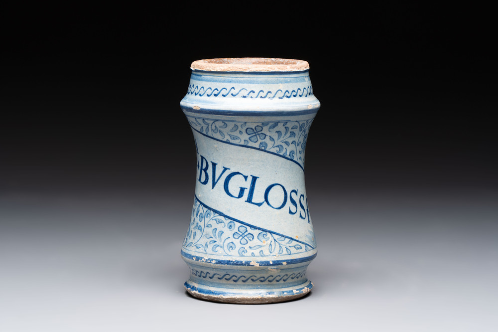 A blue and white Antwerp maiolica 'a foglie' albarello, mid 16th C.