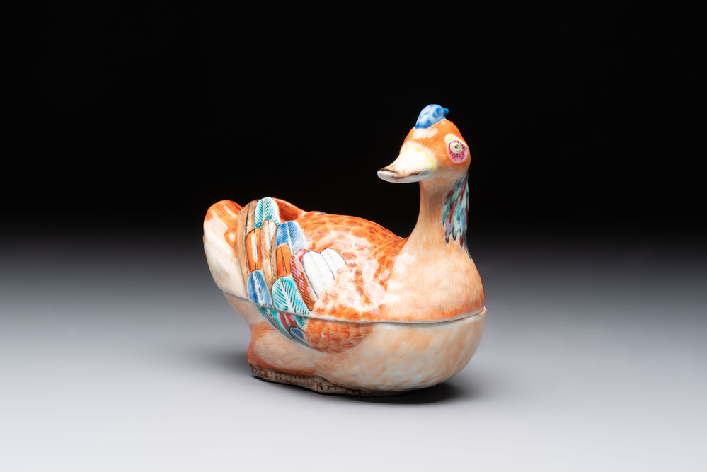 A Chinese famille rose duck-shaped tureen and cover, Qianlong