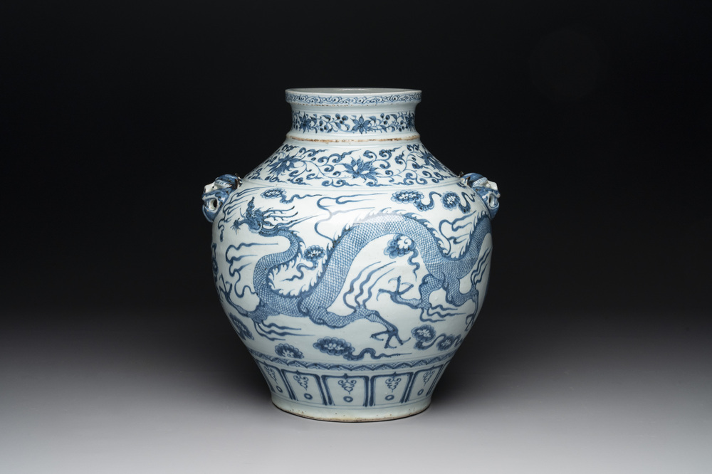 A fine Chinese blue and white 'dragon' vase with mythical-beast-shaped handles, probably Yuan