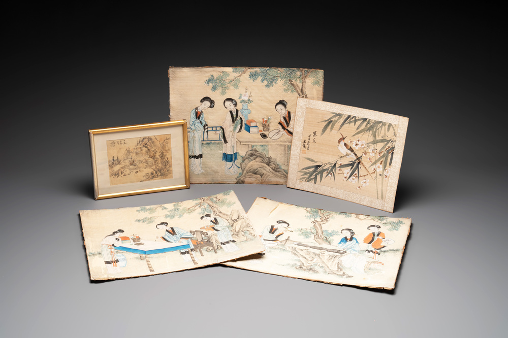 Chinese school: 'Five works with birds, flowers and figures', ink and colour on paper and silk, signed Shi Hou 史候, 19/20th C.