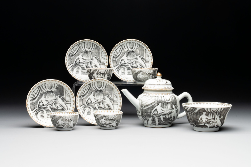 A rare Chinese gilt-decorated grisaille 'Danae and Cupid' 10-piece service, Qianlong