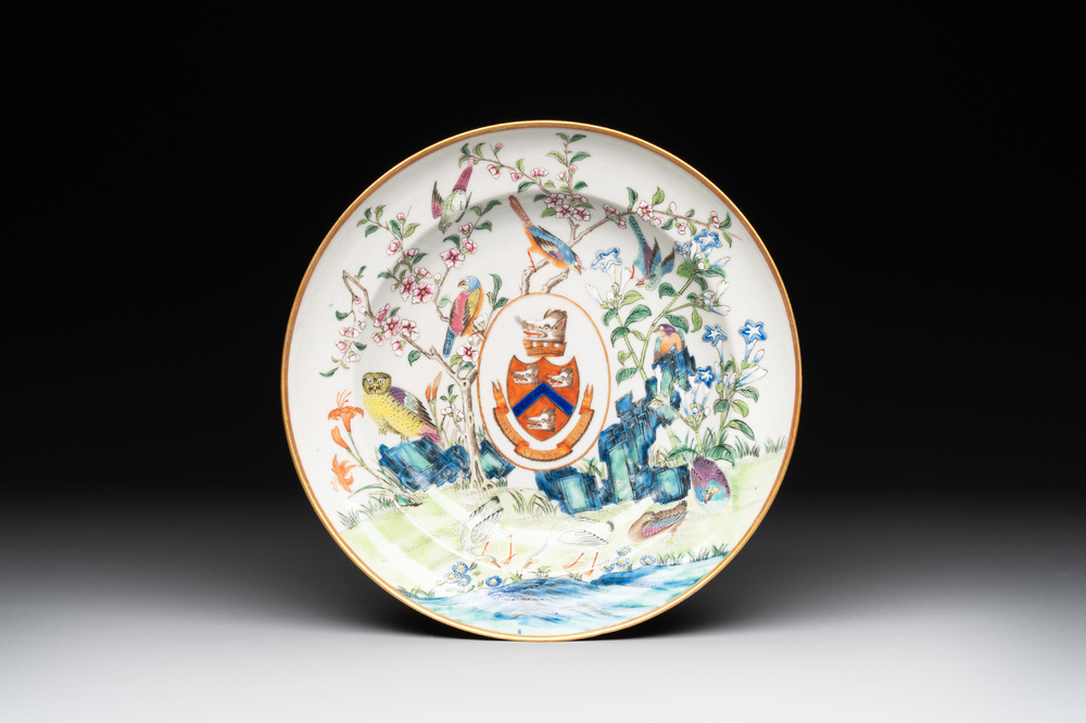 A rare Chinese Canton famille rose armorial dish with the arms of Wight, ca. 1810