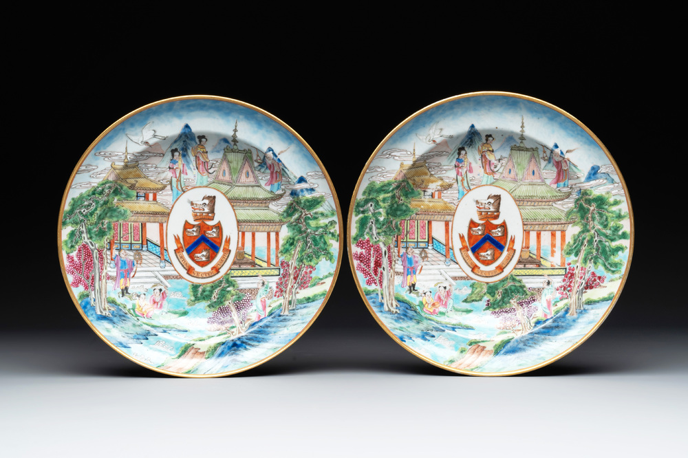 A pair of rare Chinese Canton famille rose armorial soup plates with the arms of Wight, ca. 1810