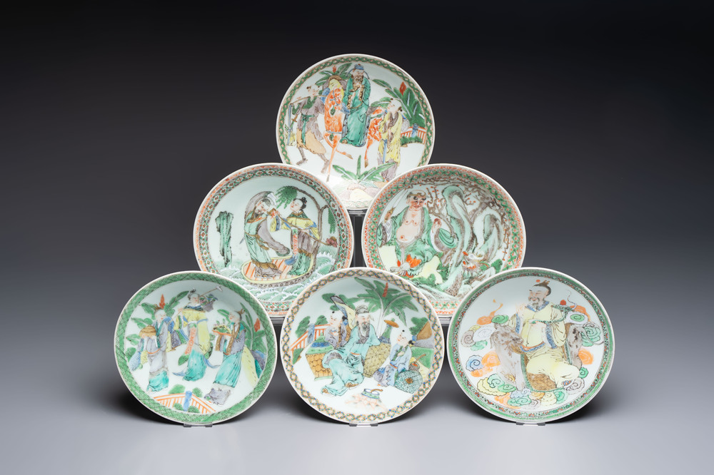 Six Chinese Canton famille verte plates with figural design, 19th C.