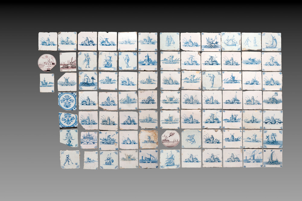 A collection of 80 mainly blue and white Dutch Delft tiles, 17/18th C.