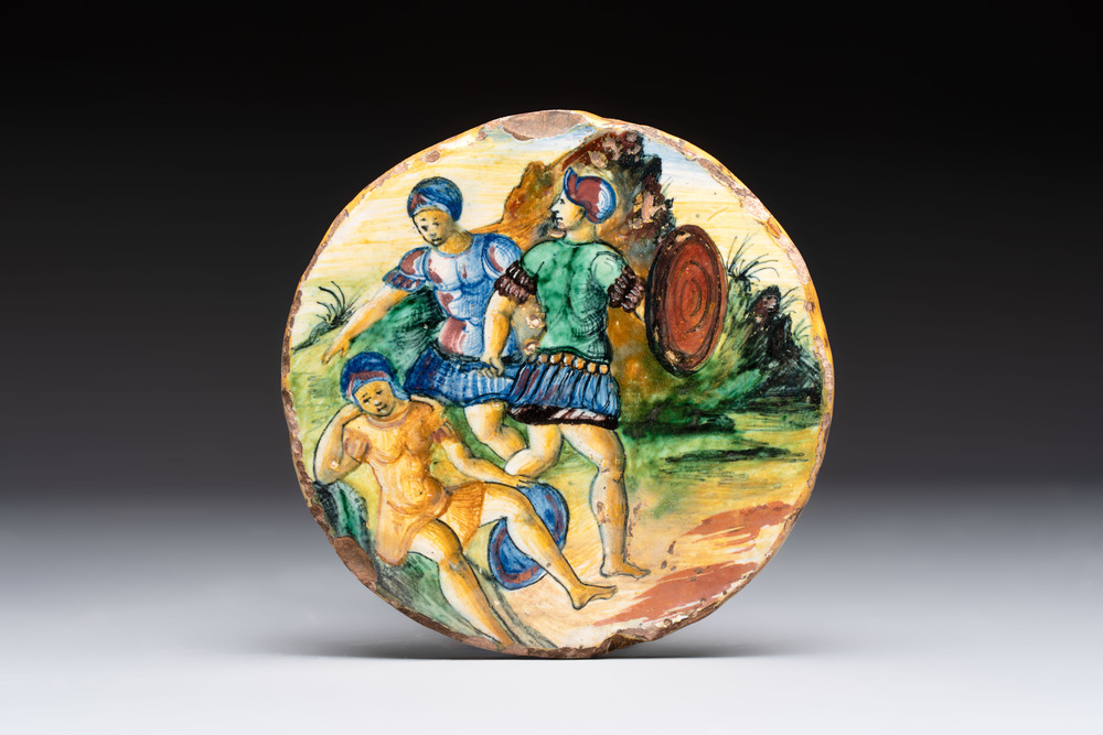 A rare indistinctly signed and dated lustre-glazed Italian maiolica plaque, workshop of Maestro Giorgio Andreoli, Gubbio, 1st half 16th C.