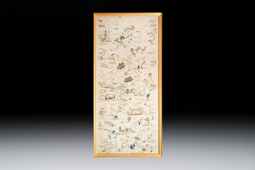 A very large Chinese beige-ground embroidered silk panel depicting scenes of Chinese rural life, 19th C.