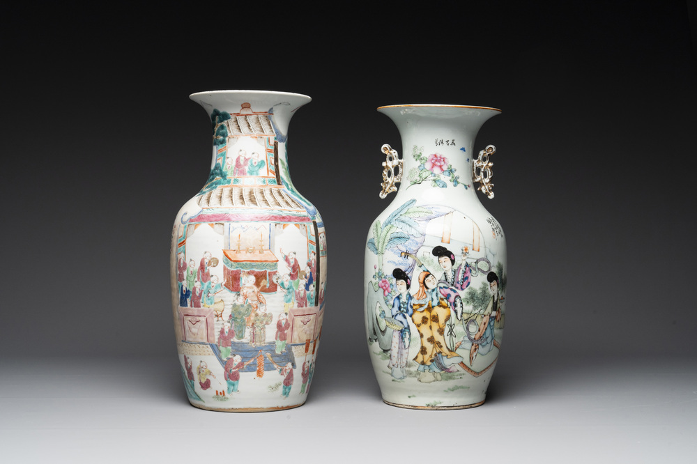 A Chinese famille rose '100 boys' vase and a 'ladies and flowers' vase, signed Wang Liji 汪利记, 19/20th C.