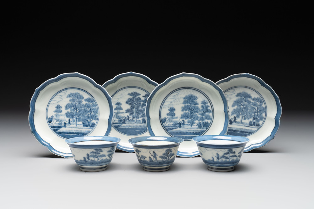 Three Japanese Arita blue and white 'van Frytom' cups and four saucers, Chenghua mark, Edo, ca. 1700