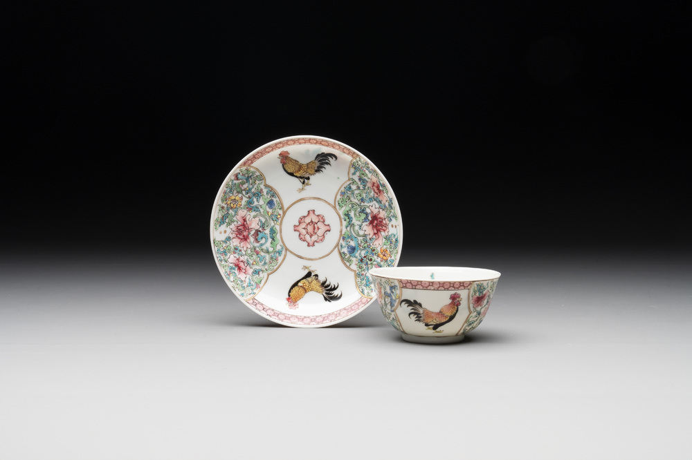 A fine Chinese famille rose 'rooster' cup and saucer, Yongzheng