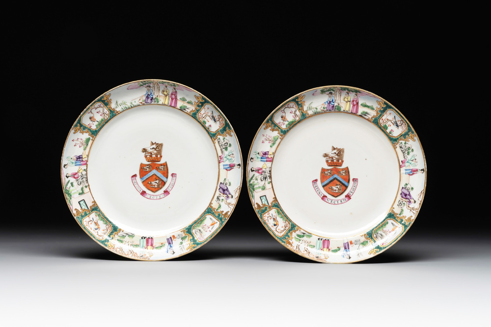 A pair of rare Chinese Canton famille rose armorial plates with the arms of Wight, ca. 1810