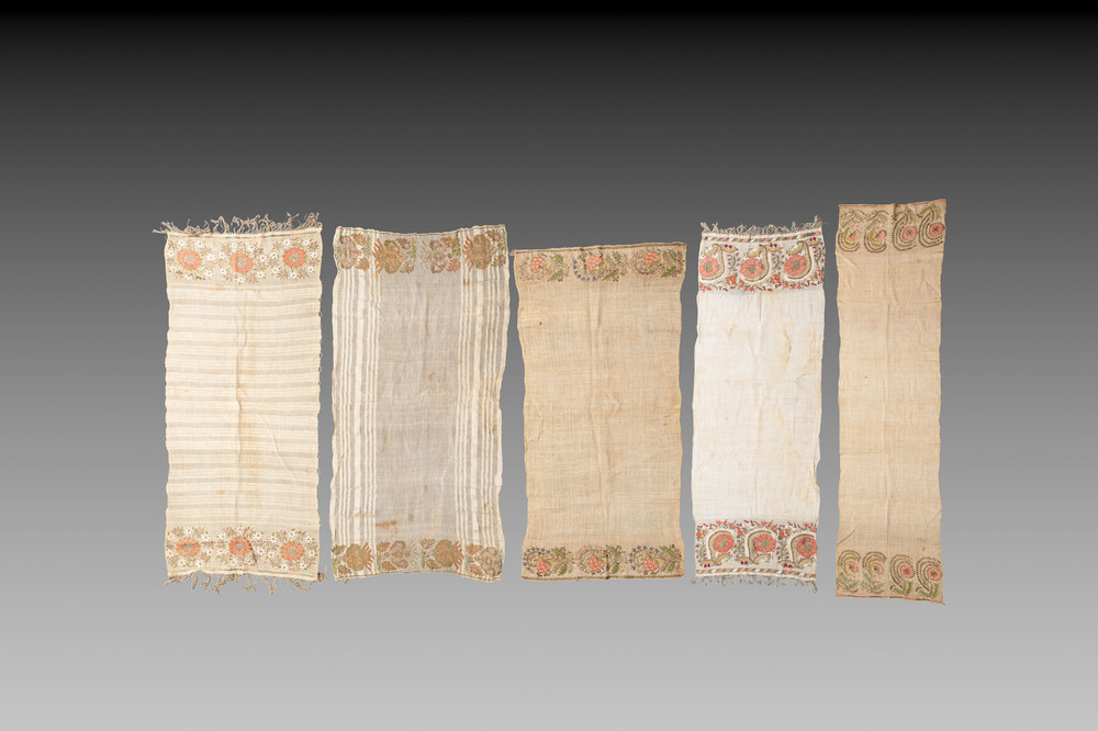 Five Ottoman gold and silver thread embroidered linen towels with floral design, 19th C.