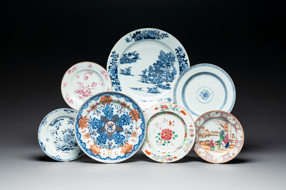 Seven Chinese blue, white, Imari-style and famille rose plates, Kangxi/Qianlong