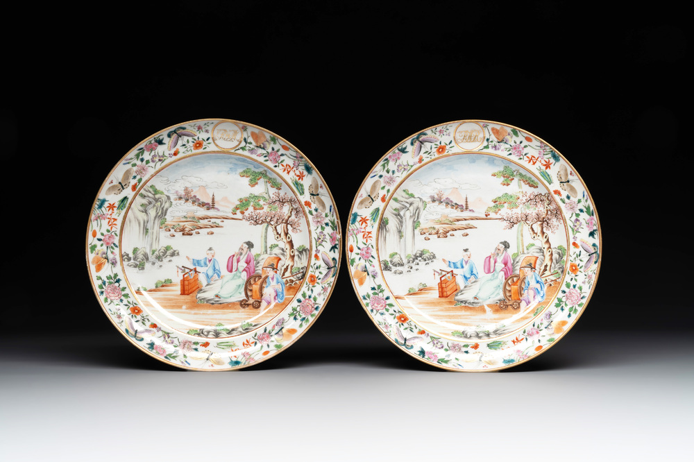 A pair of very fine Chinese Canton famille rose monogrammed plates, 19th C.