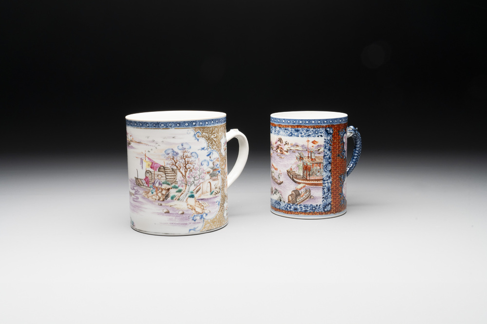 Two Chinese famille rose Canton export boat scene mugs, Qianlong