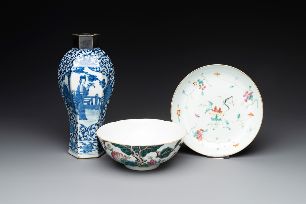 A Chinese famille rose bowl, a plate and a blue and white vase, Tongzhi mark and of the period