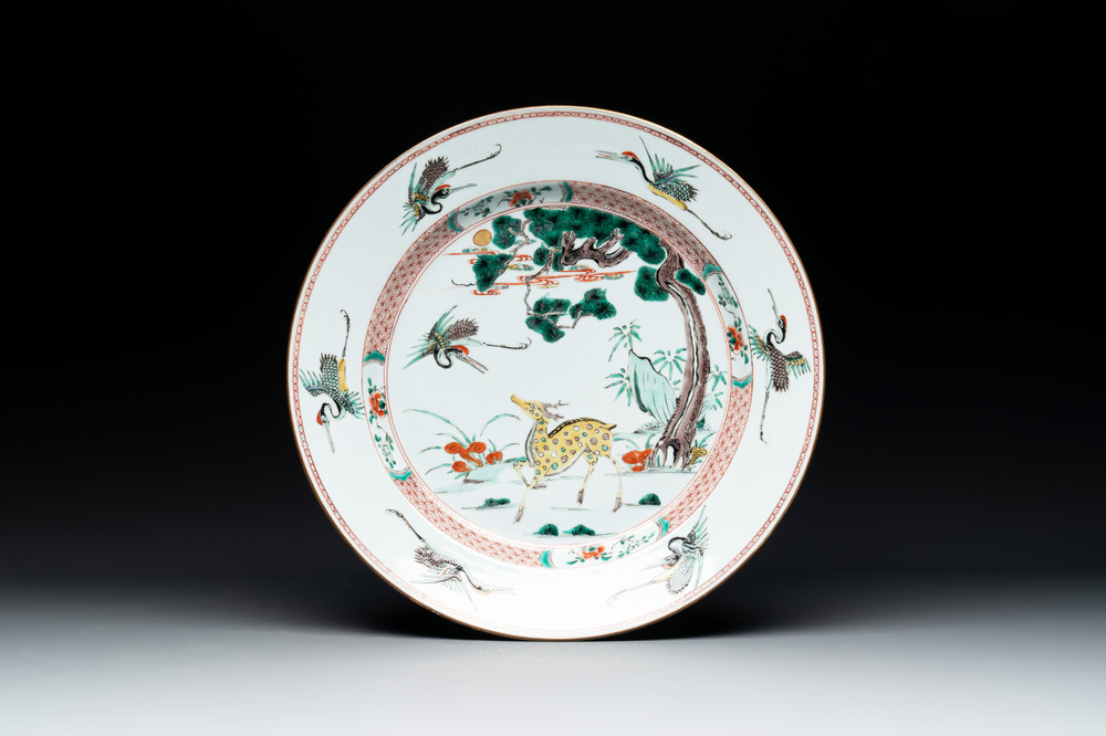 A Chinese famille verte 'He Lu Tong Chun 鶴鹿同春' dish, Kangxi/Yongzheng