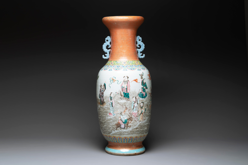 A large Chinese famille rose coral-red-ground  'Eight Immortals' vase, Qianlong mark, 19th C.