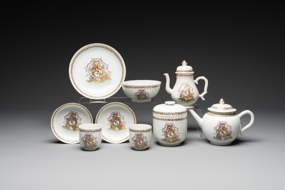 A Chinese famille rose armorial nine-piece service with the arms of Alexandre Lamotte-Barac&eacute;, Qianlong, ca. 1786-1789