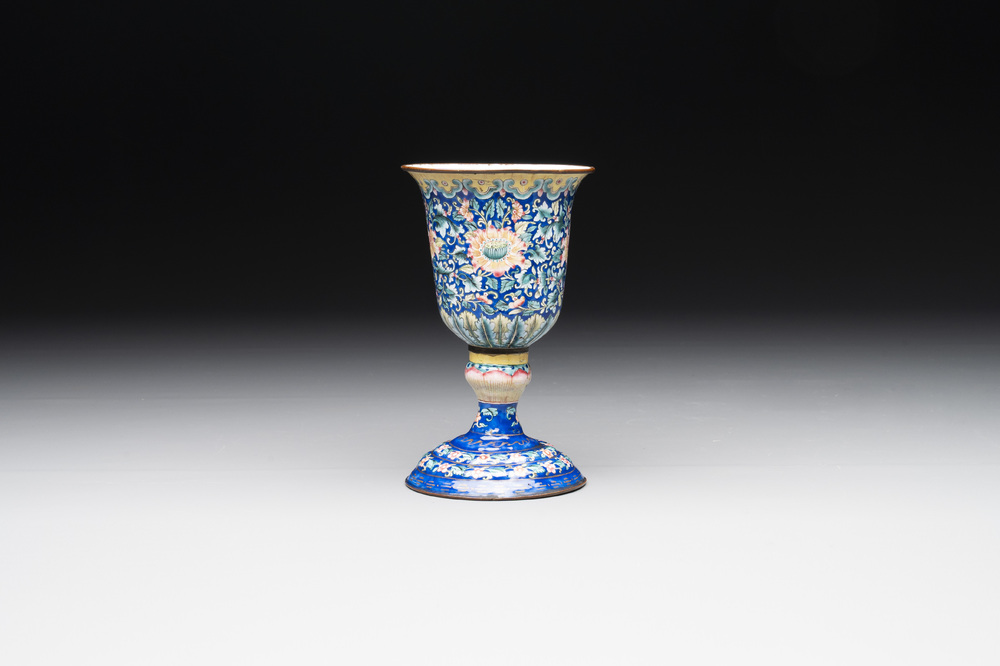 A rare Chinese blue-ground Canton enamel chalice after a European silver example, Qianlong
