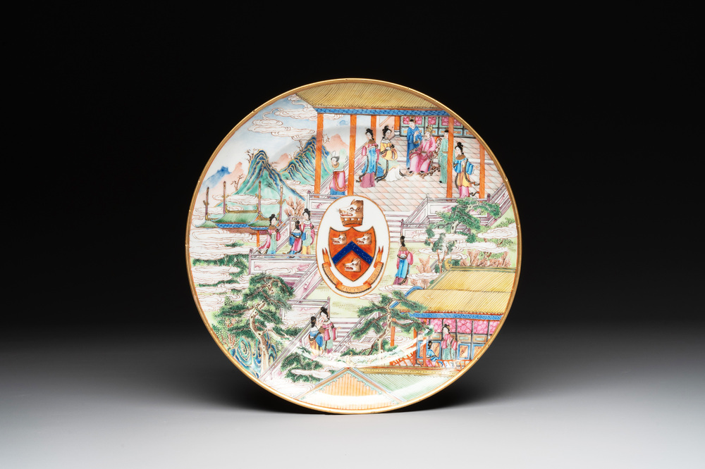 A rare Chinese Canton famille rose armorial dish with the arms of Wight, ca. 1810