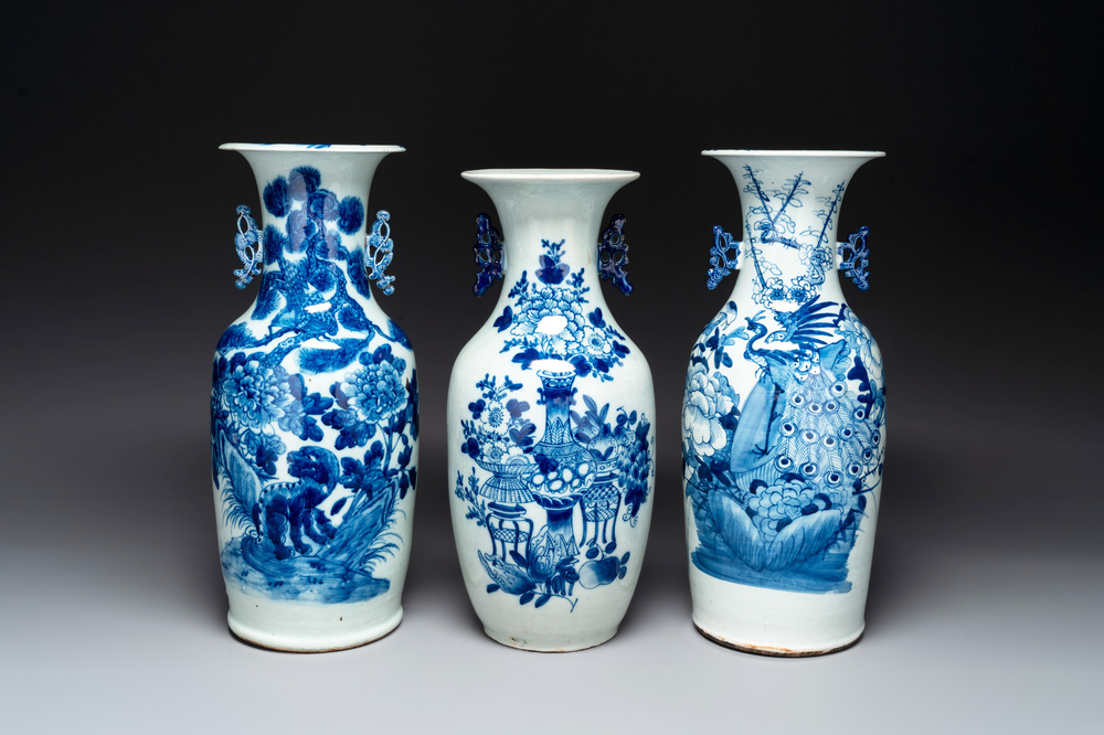 Three Chinese celadon-ground blue and white vases, 19th C.