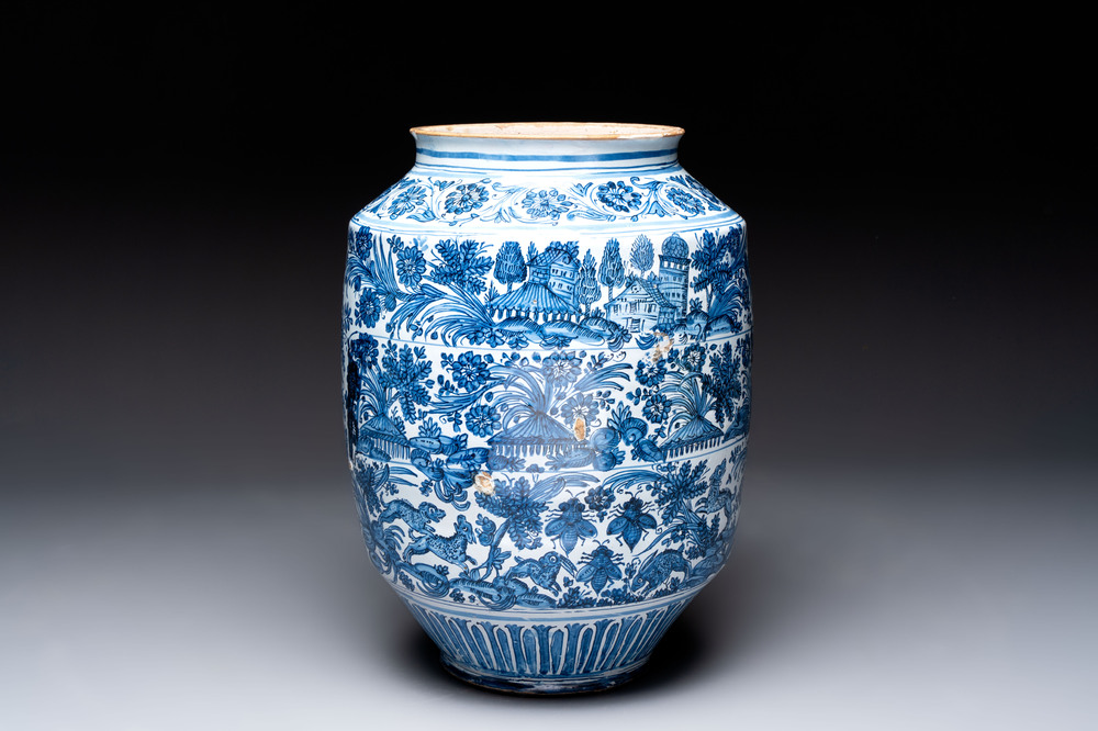 A large blue and white Italian maiolica albarello, Savona, 2nd half 17th C.