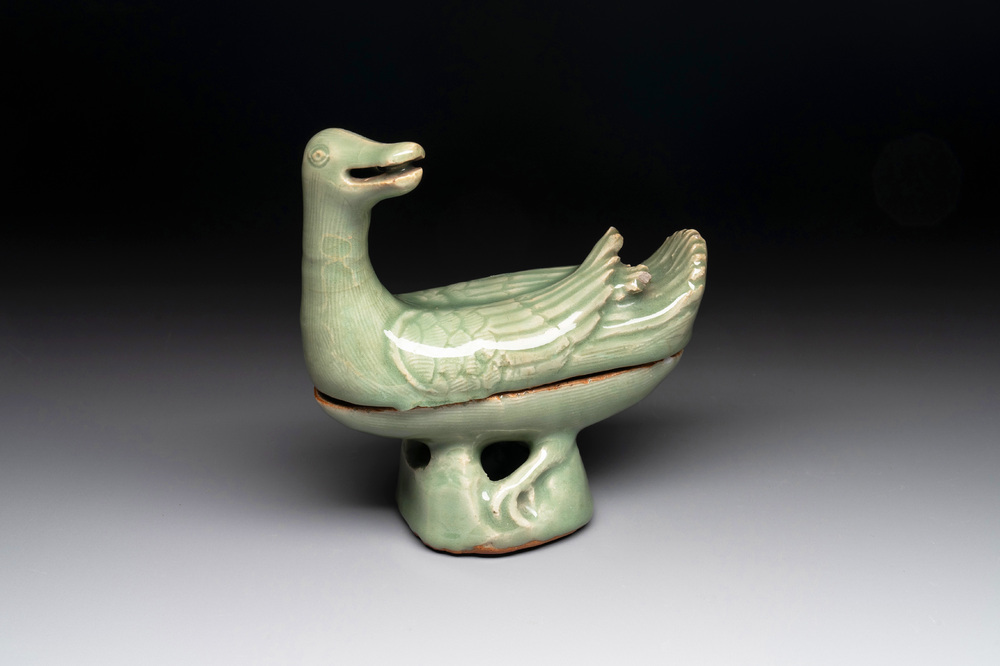 A Chinese Longquan celadon duck-form censer, Ming