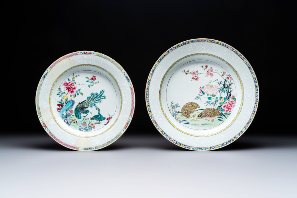 A Chinese famille rose 'quail' dish and a 'peacock' dish, Yongzheng
