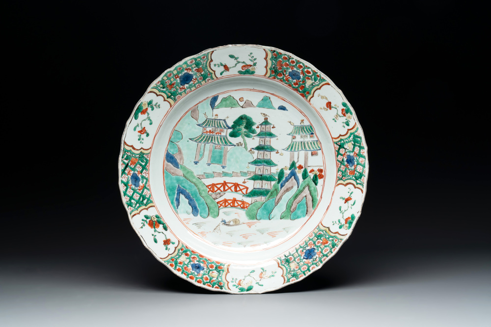 A Chinese famille verte 'river landscape' dish, lozenge mark, Kangxi