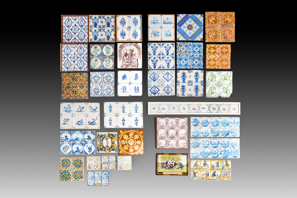 A collection of 172 mounted blue, white, polychrome and manganese tiles, The Netherlands, Flanders and Spain, 17th C. and later
