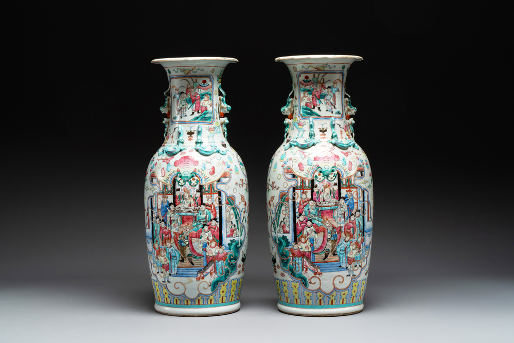A pair of Chinese famille rose vases with narrative design, 19th C.