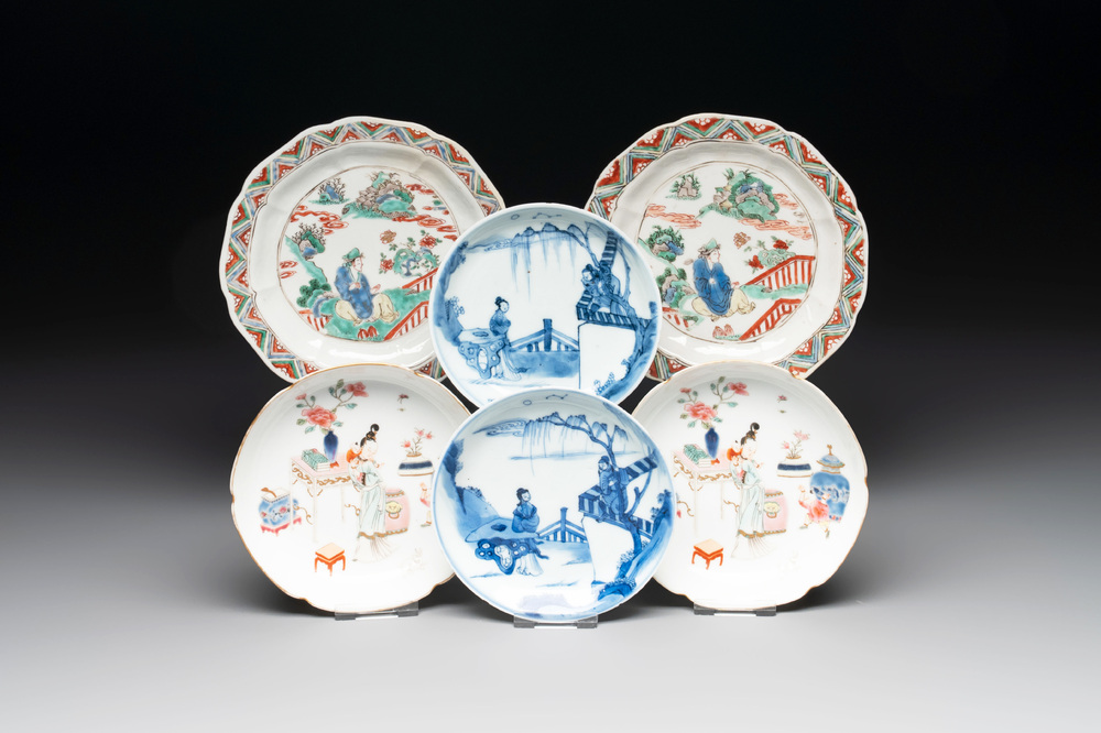 Three pairs of Chinese blue and white, famille rose and wucai saucers and plates, Tianqi and later