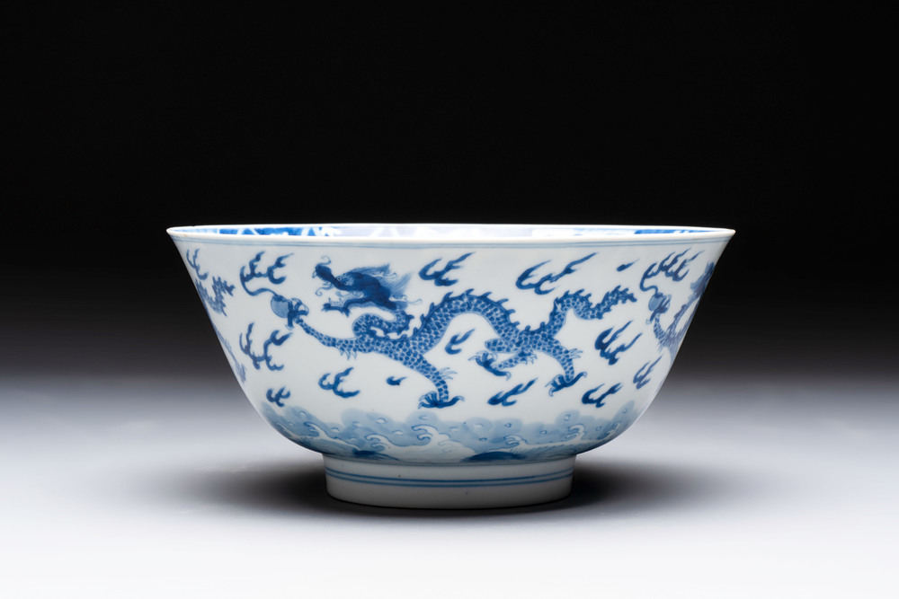 A Chinese blue and white 'dragon' bowl, Kangxi mark and of the period