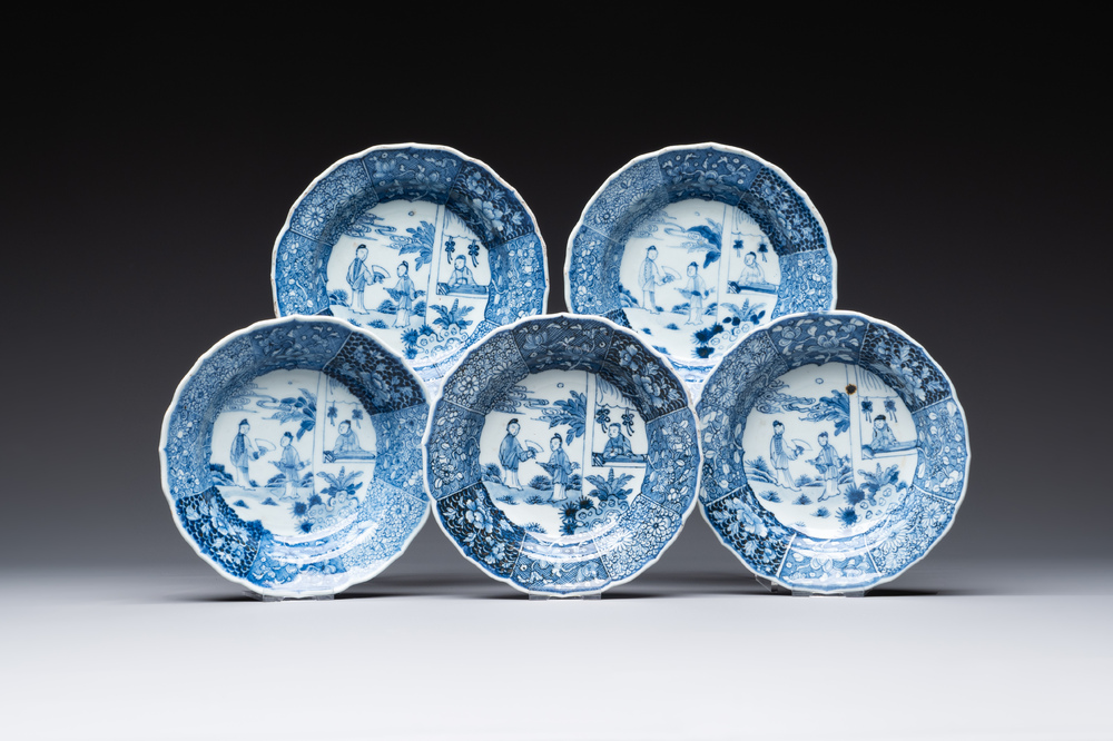 Five Chinese blue and white 'Xi Xiang Ji' plates, Qianlong