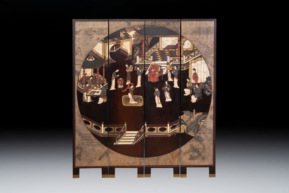 A Chinese coromandel lacquer four-panel folding screen with narrative and birds design, 20th C.