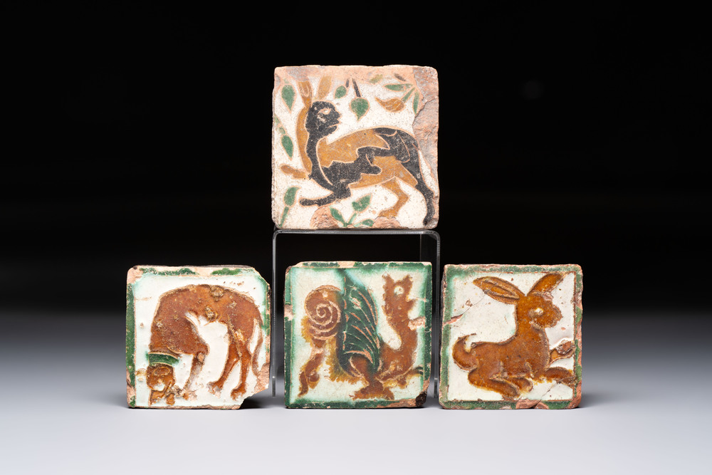 Four polychrome Spanish tiles with animals, 16/17th C.
