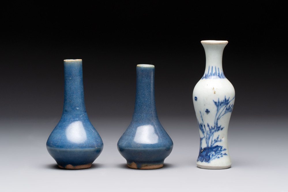A pair of Chinese powder-blue vases and a blue and white 'Hatcher Cargo' vase, Transitional period