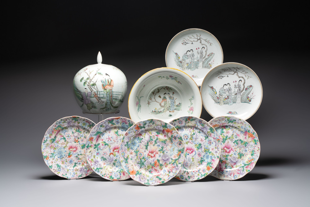 Nine Chinese famille rose and qianjiang cai wares, 19/20th C.