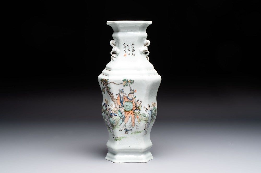 A Chinese qianjiang cai 'Wu Zi Deng Ke 五子登科' hexagonal vase, Republic, dated 1915