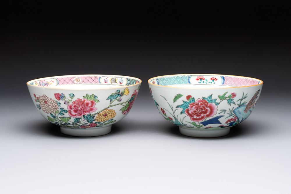 Two Chinese famille rose bowls with flowers and geese, Qianlong