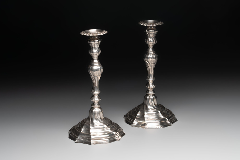 A pair of silver candlesticks, Ghent, dated 1782