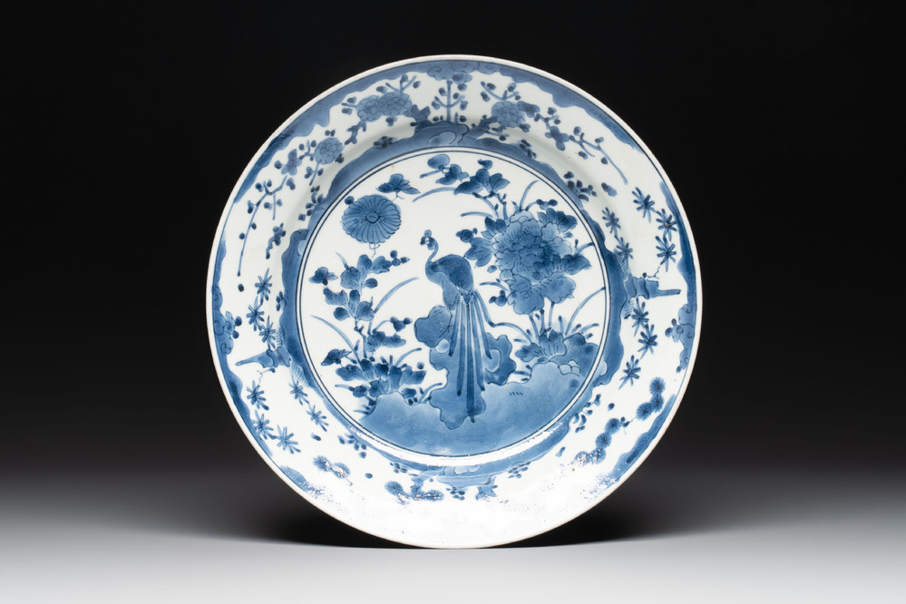 A Japanese blue and white 'peacock' dish, Edo, 17/18th C.