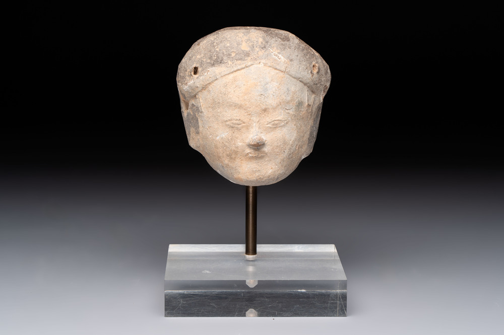 A Chinese cold painted terracotta head of a lady, Han