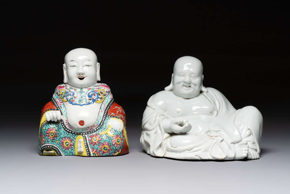 A Chinese famille rose Milefo Buddha and a white-glazed Milefo Buddha, 19th C.