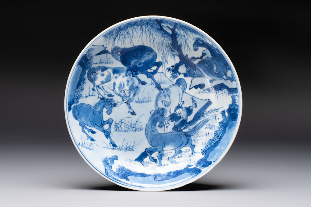 A Chinese blue and white 'Yu Ma Tu 浴馬圖' plate, Kangxi mark and of the period
