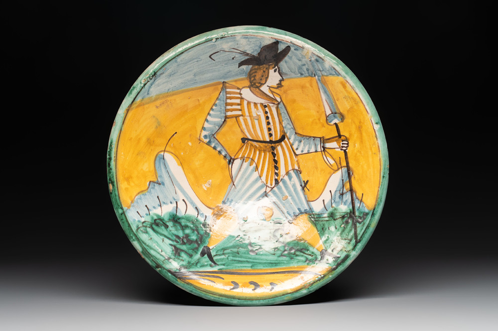 An Italian maiolica 'soldier with spear' dish, Montelupo, 17th C.